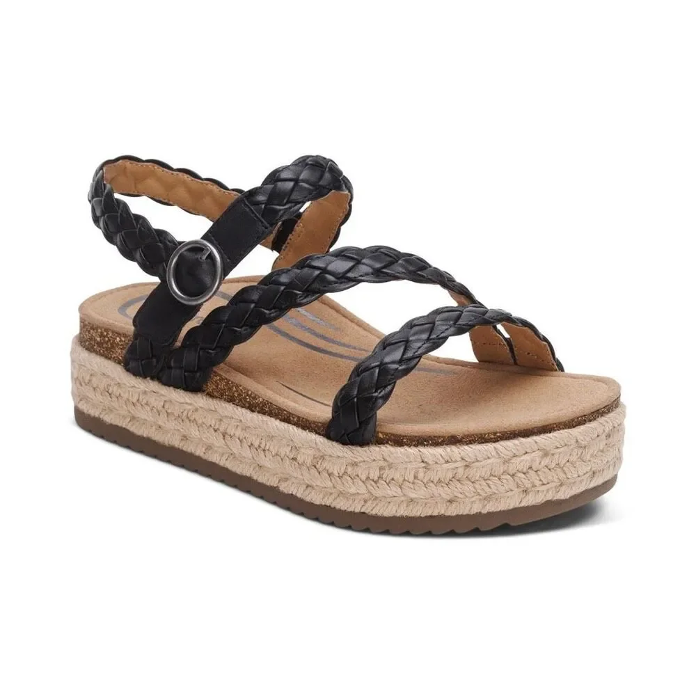 NEW Aetrex Julia Platform Sandal in Black Braided Leather NIB Arch Support, Boho